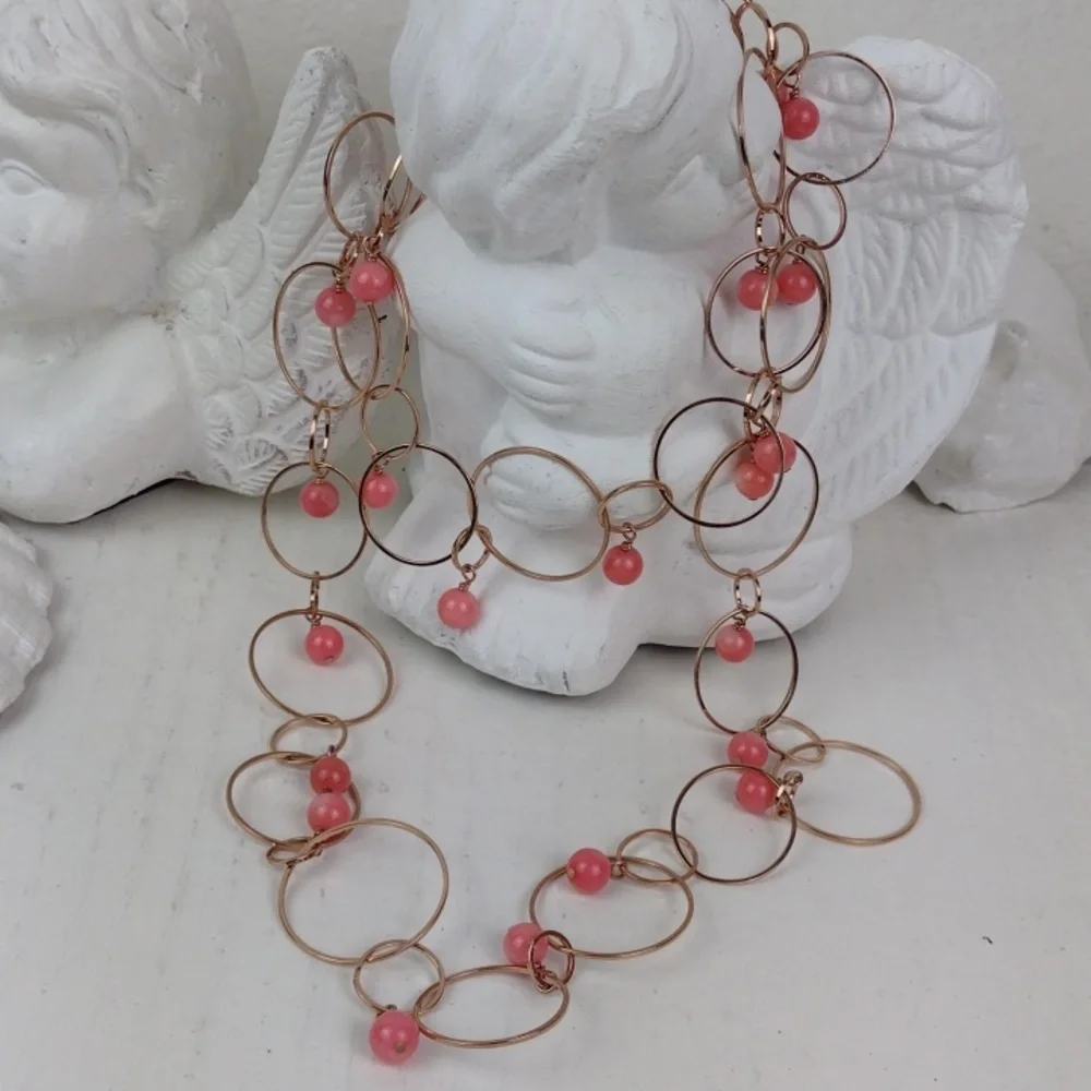 Dainty Gold Ring Chain Link Hoop & Coral Peachy Beads Necklace